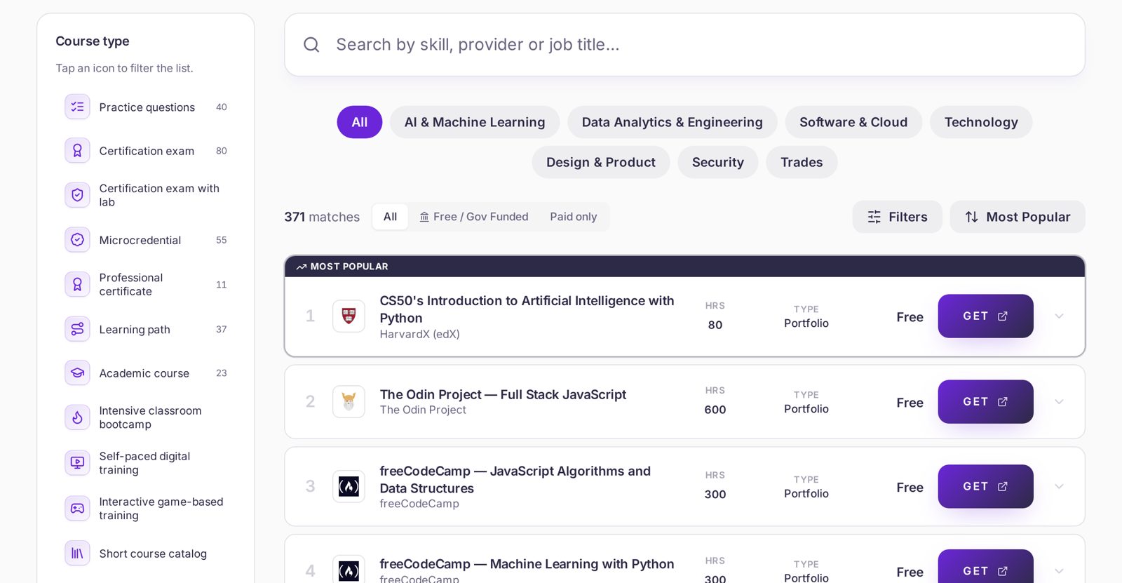 pathway.market course comparison table showing free and paid UK courses ranked by popularity, with study hours, course type and price side-by-side